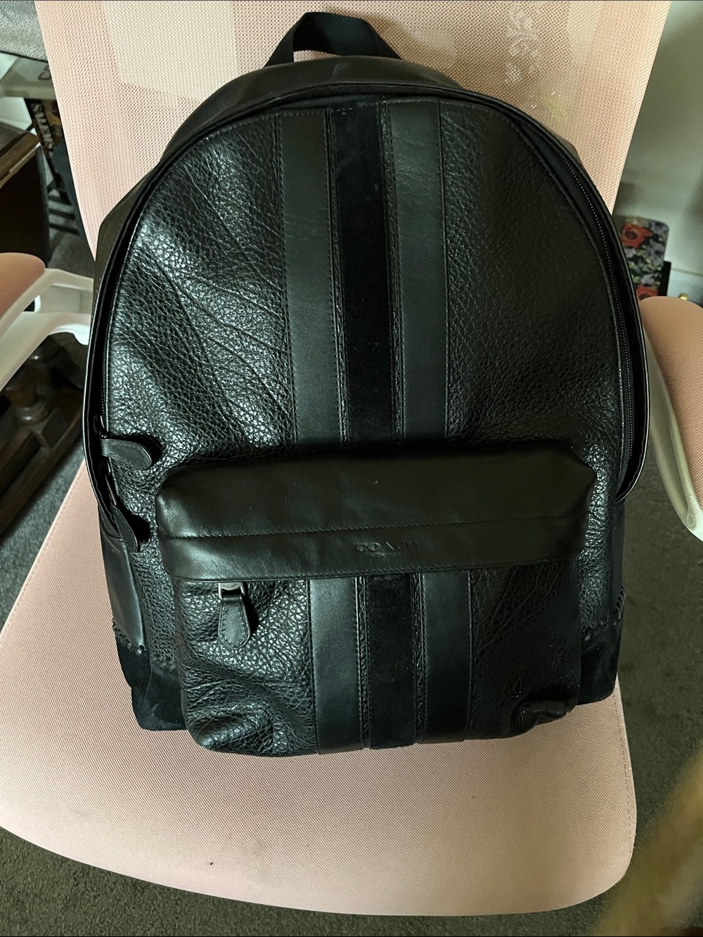 Coach Black Leather Men's Backpack with Vertical Panel Detail